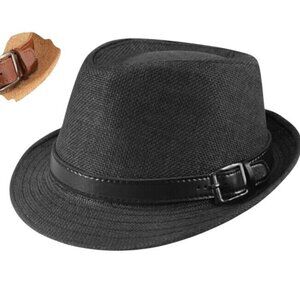 Ultrafun Straw Fedora Hat Classic Manhattan Dark Gray Black Belt Buckle Band Uni